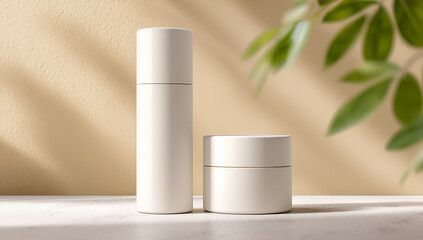 Minimalist White Cosmetic Containers Tall Bottle and Round Jar.