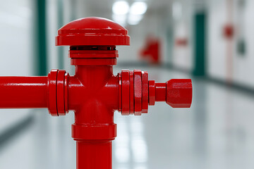 A vibrant red fire suppression system stands ready in a sterile hallway, emphasizing safety and emergency preparedness. Vital infrastructure.