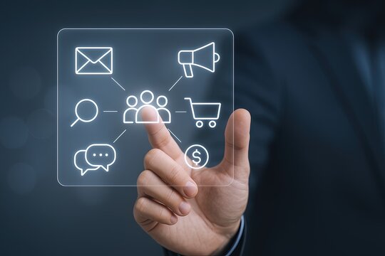 Businesswoman using digital marketing icons on transparent screen with mobile shopping concept.