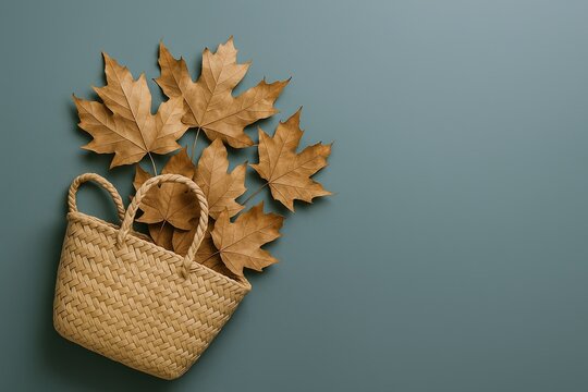 Autumn maple leaves in a woven basket on a pastel blue background autumn decorus natural.