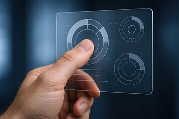 Futuristic transparent touch screen interface with digital circular data charts and controls.