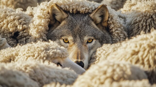 A wolf disguised among a flock of sheep, its eyes intense.