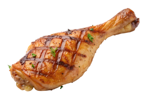 Delicious grilled chicken leg with fresh herbs isolated on transparent background