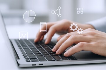 Close-up of hands typing on a laptop keyboard with floating digital icons over white background.