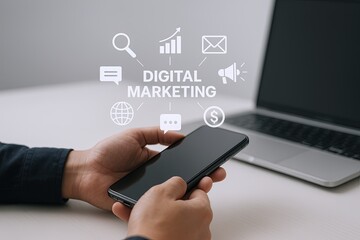 Modern digital marketing concept with smartphone and laptop displaying icons.