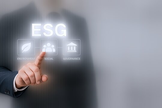 Modern business person pressing digital ESG environmental social governance icons on transparent screen.
