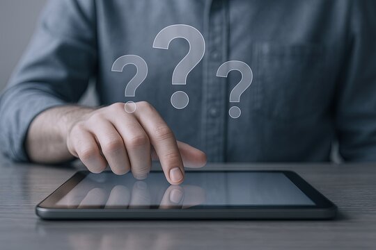 Person using digital tablet with question marks indicating confusion or inquiry.