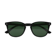 A single pair of classic wayfarer-style sunglasses with a high-gloss black acetate frame and clear dark green tinted lenses, on a pristine plain white background with even studio lighting, no