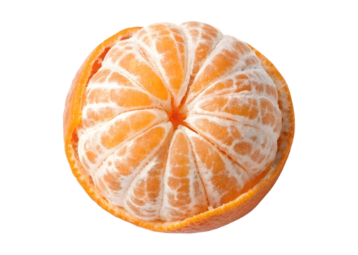 Close up of a peeled ripe tangerine with segments showing isolated on transparent background