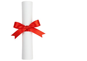 A rolled certificate or diploma tied with a red ribbon and bow, isolated on a transparent background