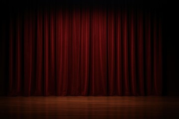 Traditional theater stage with closed red velvet curtains and wooden floor.