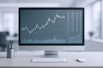 Fototapeta premium Modern computer monitor displaying stock market graph with various data analysis charts.