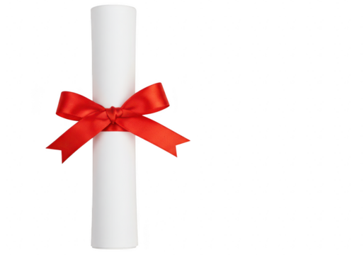 A rolled certificate or diploma tied with a red ribbon and bow, isolated on a transparent background - Powered by Adobe