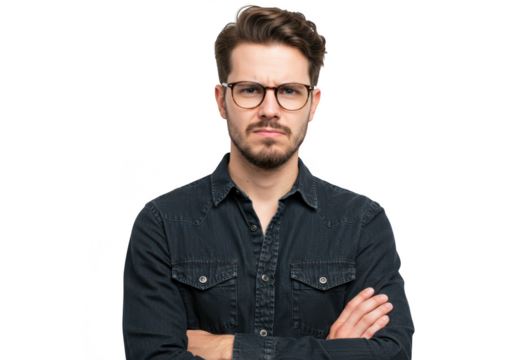 A serious man with glasses and a beard, arms crossed, looking directly at the camera, isolated on white isolated on transparent background