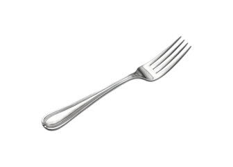 Elegant silver dining fork with ornate handle isolated on transparent background
