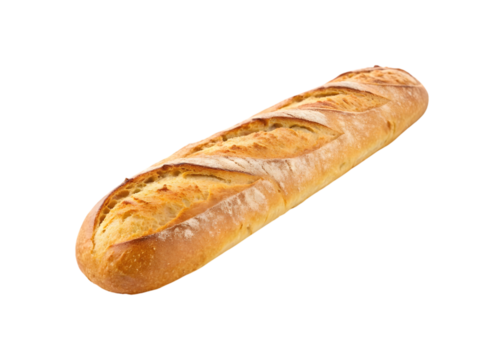 Golden brown french baguette bread with a crisp crust isolated on transparent background
