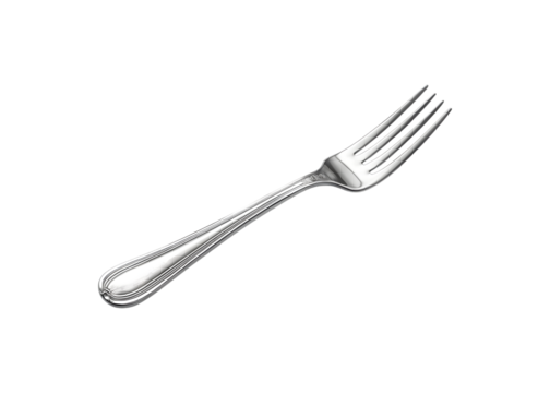 Elegant silver dining fork with ornate handle isolated on transparent background