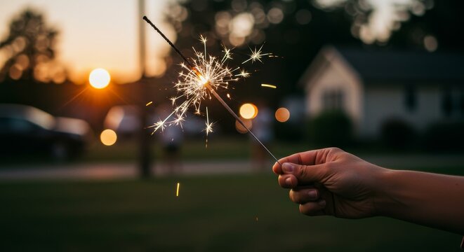 A person's hand holding a glowing sparkler against the sunset background