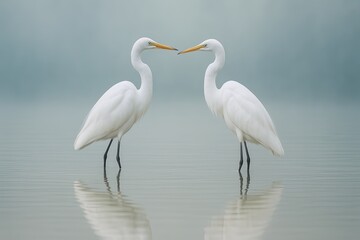 Obraz premium Two white herons standing in calm water with misty background and gentle reflections.