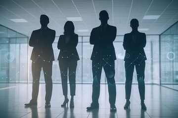Business team silhouettes standing confidently in modern office with digital overlay.