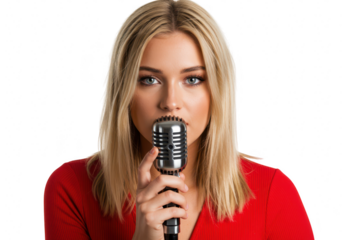 A young blonde woman in a red shirt holds a vintage microphone to her lips, ready to sing isolated on transparent background