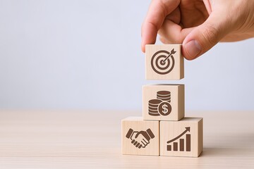 Hand stacking wooden blocks with a target, money and growth symbols on a table.