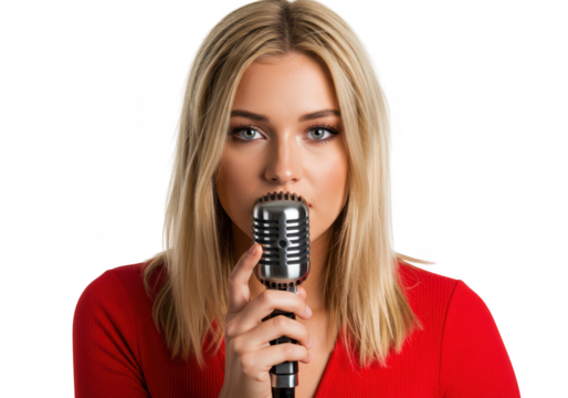 A young blonde woman in a red shirt holds a vintage microphone to her lips, ready to sing isolated on transparent background - Powered by Adobe