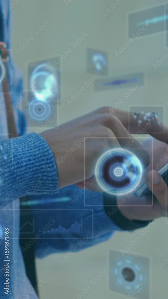 Poster animation of scopes scanning and data processing on screens over man using smartphone