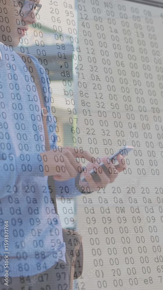 Poster animation of numbers changing and data processing on computer screens over man using smartphone