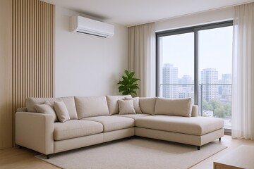 Plakat Modern minimalist living room with large window, beige sofa, and urban view.