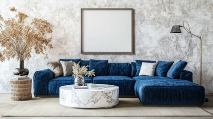 Stylish modern living room with a dark blue sectional sofa and a marble coffee table.