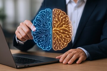 Businessman holding illuminated dual brain diagram representing technology and creativity.