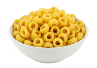 A white bowl filled with crunchy yellow cereal loops, a healthy breakfast option, isolated on a transparent background