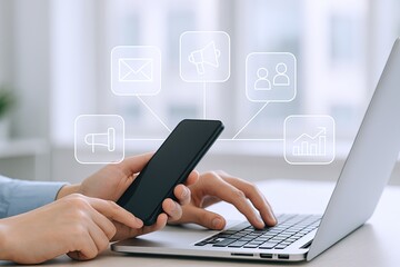 Business person using smartphone and laptop with digital communication icons in modern workspace.
