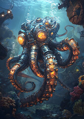 Obraz premium A colossal, steampunk-style octopus, with glowing internal mechanisms, is depicted underwater amidst sunken wreckage and coral.