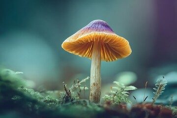 Enchanting view of a mushroom in a mystical forest with vibrant colors