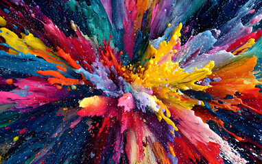 Abstract explosion of vibrant, multicolored paint splatters and drips, radiating outwards from a central point.