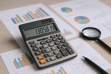 Business financial analysis with calculator charts graphs reports data and magnifying glass.