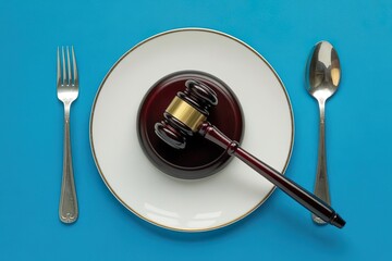judge gavel on meal plate. Food safety regulation concept
