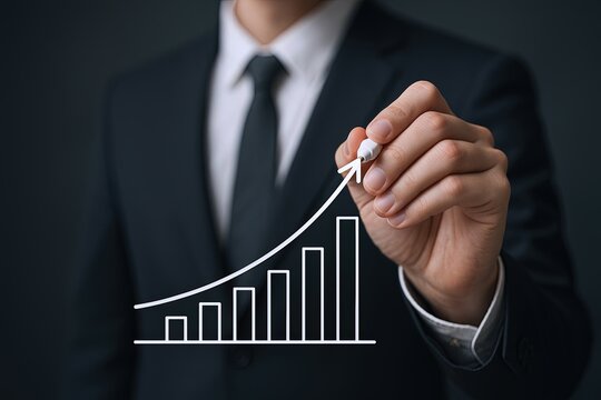 Businessman in suit drawing upward trend graph with line chart on transparent background.