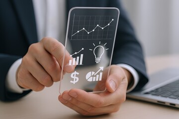 Businessman holding transparent digital glass with financial growth icons and chart.