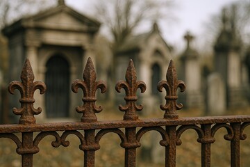 Rusty wrought iron fence with ornate finials surrounding an old cemetery on a cloudy day.