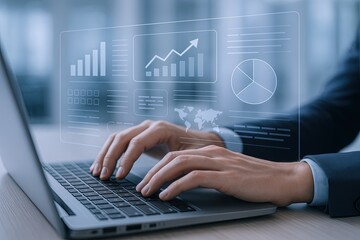 Businesswoman Analyzing Stock Market Data with Graphs and Charts on Digital Screen.