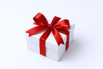 Fototapeta premium Elegant white gift box with a shiny red ribbon bow isolated on a plain background.