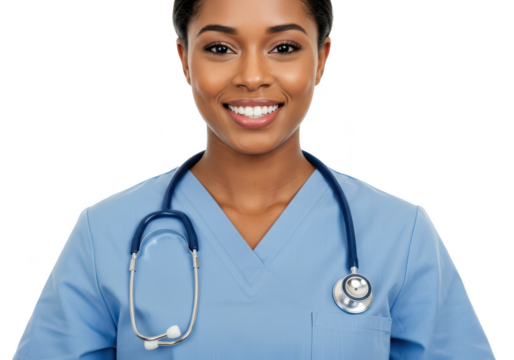 A smiling female doctor or nurse wearing blue scrubs and a stethoscope, isolated on transparent background