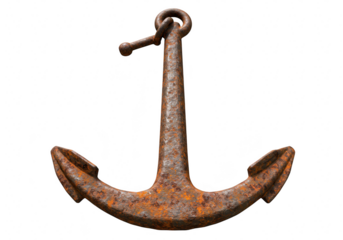A rusty metal anchor with a crossbar and a loop for a chain, isolated on transparent background
