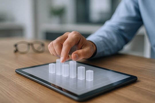 Business person using tablet with 3D bar graph for financial data analysis and presentation.