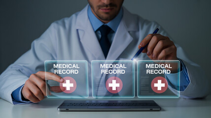 A professional medical interface concept showing holographic medical record displays floating over a laptop.