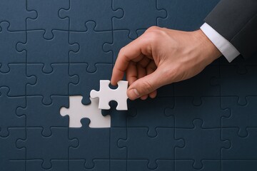 Businessman hand connecting white puzzle piece into dark blue missing section symbolizing problem solving.