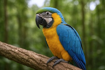 Colorful Blue and Yellow Macaw Parrot Perched on Tree Branch in a Green Forest Scene.